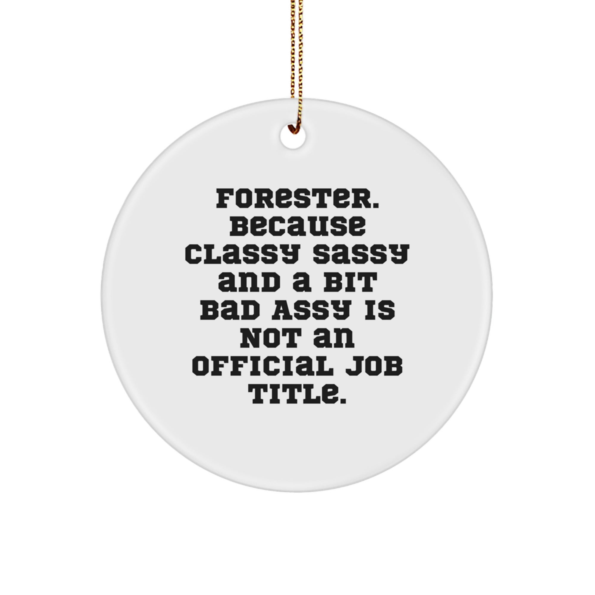 Unique Christmas Unique Gifts from Friends for Forester - Funny Circle Ornament, 'Forester. Because Classy Sassy And A Bit Fearlessy Is Not An Official Job Title.' - Image 1